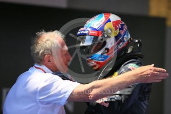 World © Octane Photographic Ltd. Red Bull Racing RB12 – Max Verstappen and Dr.Helmut Marko. Sunday 15th May 2016, F1 Spanish GP Parc Ferme, Circuit de Barcelona Catalunya, Spain. Digital Ref :