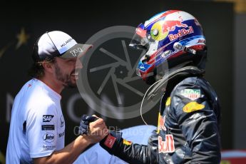World © Octane Photographic Ltd. Red Bull Racing RB12 – Max Verstappen and Fernando Alonso. Sunday 15th May 2016, F1 Spanish GP Parc Ferme, Circuit de Barcelona Catalunya, Spain. Digital Ref :