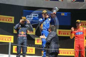 World © Octane Photographic Ltd. DAMS – Alex Lynn (1st), Prema Racing Pierre Gasly (2nd) and Racing Engineering – Jordan King (3rd). Sunday 15th May 2016, GP2 Race 2, Circuit de Barcelona Catalunya, Spain. Digital Ref :1551CB1D1107