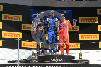 World © Octane Photographic Ltd. DAMS – Alex Lynn (1st), Prema Racing Pierre Gasly (2nd) and Racing Engineering – Jordan King (3rd). Sunday 15th May 2016, GP2 Race 2, Circuit de Barcelona Catalunya, Spain. Digital Ref :1551CB1D1144