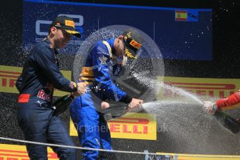 World © Octane Photographic Ltd. DAMS – Alex Lynn (1st), Prema Racing Pierre Gasly (2nd) and Racing Engineering – Jordan King (3rd). Sunday 15th May 2016, GP2 Race 2, Circuit de Barcelona Catalunya, Spain. Digital Ref :1551CB1D1177