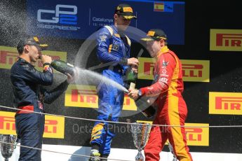 World © Octane Photographic Ltd. DAMS – Alex Lynn (1st), Prema Racing Pierre Gasly (2nd) and Racing Engineering – Jordan King (3rd). Sunday 15th May 2016, GP2 Race 2, Circuit de Barcelona Catalunya, Spain. Digital Ref :1551CB1D1200