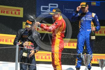 World © Octane Photographic Ltd. DAMS – Alex Lynn (1st), Prema Racing Pierre Gasly (2nd) and Racing Engineering – Jordan King (3rd). Sunday 15th May 2016, GP2 Race 2, Circuit de Barcelona Catalunya, Spain. Digital Ref :1551CB1D1214