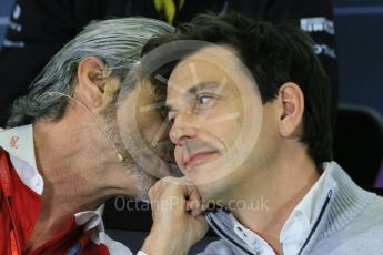 World © Octane Photographic Ltd. F1 Spanish GP FIA Team Personnel Press Conference, Circuit de Barcelona Catalunya, Spain, Friday 13th May 2016. Maurzio Arrivabene (Ferrari) and Toto Wolff (Mercedes). Digital Ref : 1542LB1D5723