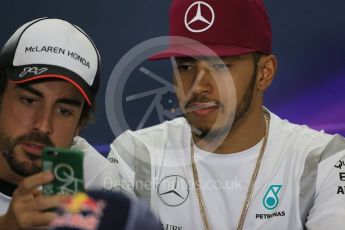 World © Octane Photographic Ltd. F1 Spanish GP FIA Press Conference, Circuit de Barcelona Catalunya, Spain, Thursday 12th May 2016. McLaren Honda MP4-31 – Fernando Alonso and Mercedes AMG Petronas W07 Hybrid – Lewis Hamilton. Digital Ref : 1534LB1D3405