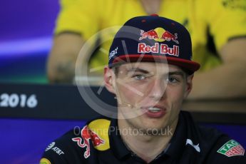 World © Octane Photographic Ltd. F1 Spanish GP FIA Press Conference, Circuit de Barcelona Catalunya, Spain, Thursday 12th May 2016. Red Bull Racing RB12 – Max Verstappen. Digital Ref : 1534LB1D3636