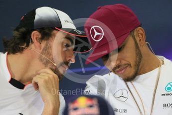 World © Octane Photographic Ltd. F1 Spanish GP FIA Press Conference, Circuit de Barcelona Catalunya, Spain, Thursday 12th May 2016. McLaren Honda MP4-31 – Fernando Alonso and Mercedes AMG Petronas W07 Hybrid – Lewis Hamilton. Digital Ref : 1534LB1D3641