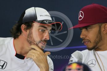 World © Octane Photographic Ltd. F1 Spanish GP FIA Press Conference, Circuit de Barcelona Catalunya, Spain, Thursday 12th May 2016. McLaren Honda MP4-31 – Fernando Alonso and Mercedes AMG Petronas W07 Hybrid – Lewis Hamilton. Digital Ref : 1534LB1D3649