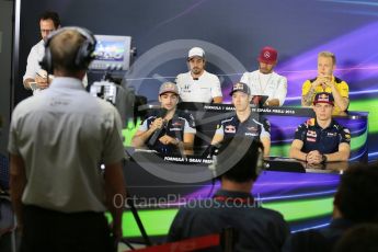 World © Octane Photographic Ltd. F1 Spanish GP FIA Drivers’ Press Conference, Circuit de Barcelona Catalunya, Spain, Thursday 12th May 2016. McLaren Honda MP4-31 – Fernando Alonso, Mercedes AMG Petronas W07 Hybrid – Lewis Hamilton, Scuderia Toro Rosso STR11 – Daniil Kvyat, Renault Sport F1 Team RS16 - Kevin Magnussen, Scuderia Toro Rosso STR11 – Carlos Sainz and Red Bull Racing RB12 – Max Verstappen. Digital Ref : 1534LB5D3051