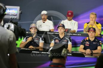 World © Octane Photographic Ltd. F1 Spanish GP FIA Drivers’ Press Conference, Circuit de Barcelona Catalunya, Spain, Thursday 12th May 2016. McLaren Honda MP4-31 – Fernando Alonso, Mercedes AMG Petronas W07 Hybrid – Lewis Hamilton, Scuderia Toro Rosso STR11 – Daniil Kvyat, Renault Sport F1 Team RS16 - Kevin Magnussen, Scuderia Toro Rosso STR11 – Carlos Sainz and Red Bull Racing RB12 – Max Verstappen. Digital Ref : 1534LB5D3054
