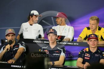 World © Octane Photographic Ltd. F1 Spanish GP FIA Drivers’ Press Conference, Circuit de Barcelona Catalunya, Spain, Thursday 12th May 2016. McLaren Honda MP4-31 – Fernando Alonso, Mercedes AMG Petronas W07 Hybrid – Lewis Hamilton, Scuderia Toro Rosso STR11 – Daniil Kvyat, Renault Sport F1 Team RS16 - Kevin Magnussen, Scuderia Toro Rosso STR11 – Carlos Sainz and Red Bull Racing RB12 – Max Verstappen. Digital Ref : 1534LB5D3054