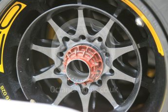 World © Octane Photographic Ltd. Renault Sport F1 Team RS16 front wheel captive nut. Thursday 12th May 2016, F1 Spanish GP Set up, Circuit de Barcelona Catalunya, Spain. Digital Ref : 1532CB1D2364