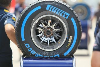 World © Octane Photographic Ltd. Thursday 12th May 2016, F1 Spanish GP Set up, Circuit de Barcelona Catalunya, Spain. Red Bull wheel with Pirelli wet tyre. Digital Ref :1532CB1D2408