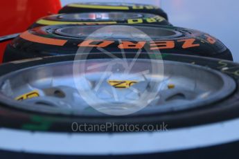 World © Octane Photographic Ltd. Scuderia Ferrari Pirelli tyre choices. Thursday 12th May 2016, F1 Spanish GP Set up, Circuit de Barcelona Catalunya, Spain. Digital Ref :1532CB7D6294