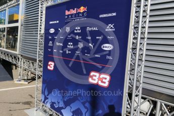 World © Octane Photographic Ltd. Red Bull Racing RB12 – Daniel Ricciardo and Max Verstappen's media wall. Thursday 12th May 2016, F1 Spanish GP Set up, Circuit de Barcelona Catalunya, Spain. Digital Ref :1532CB7D6306