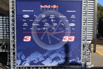 World © Octane Photographic Ltd. Red Bull Racing RB12 – Daniel Ricciardo and Max Verstappen's media wall. Thursday 12th May 2016, F1 Spanish GP Set up, Circuit de Barcelona Catalunya, Spain. Digital Ref :1532CB7D6308
