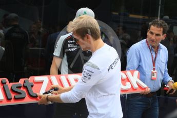 World © Octane Photographic Ltd. Nico Rosberg, Nico Hulkenburg and Pascal Wehrlein signing the #F1isZURUECK sign. Thursday 12th May 2016, F1 Spanish GP Set up, Circuit de Barcelona Catalunya, Spain. Digital Ref :1532CB7D6519