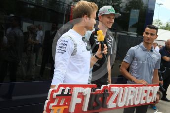 World © Octane Photographic Ltd. Nico Rosberg, Nico Hulkenburg and Pascal Wehrlein signing the #F1isZURUECK sign. Thursday 12th May 2016, F1 Spanish GP Set up, Circuit de Barcelona Catalunya, Spain. Digital Ref :1532CB7D6554