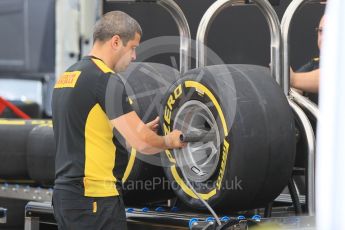 World © Octane Photographic Ltd. Pirelli tyre fitting. Thursday 12th May 2016, GP2 Thursday setup, Circuit de Barcelona Catalunya, Spain. Digital Ref :1533CB1D1900