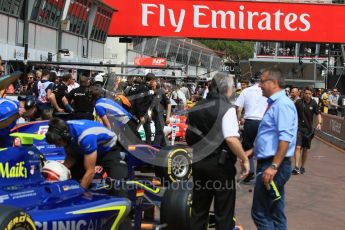 World © Octane Photographic Ltd. Busy pitlane. Thursday 26th May 2016, GP2 Practice, Monaco, Monte Carlo. Digital Ref : 1558CB7D0883