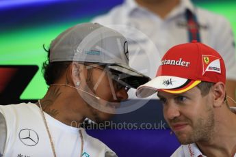 World © Octane Photographic Ltd. F1 USA Grand Prix, Austin Texas – Circuit of the Americas (COTA) Drivers’ Press Conference. Thursday 20th October 2016. Mercedes AMG Petronas – Lewis Hamilton and Scuderia Ferrari – Sebastian Vettel. Digital Ref :1739LB1D8927