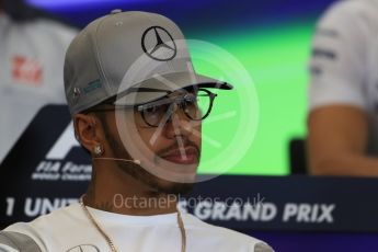 World © Octane Photographic Ltd. F1 USA Grand Prix, Austin Texas – Circuit of the Americas (COTA) Drivers’ Press Conference. Thursday 20th October 2016. Mercedes AMG Petronas – Lewis Hamilton. Digital Ref :1739LB1D8987