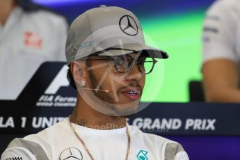 World © Octane Photographic Ltd. F1 USA Grand Prix, Austin Texas – Circuit of the Americas (COTA) Drivers’ Press Conference. Thursday 20th October 2016. Mercedes AMG Petronas – Lewis Hamilton. Digital Ref :1739LB1D9014