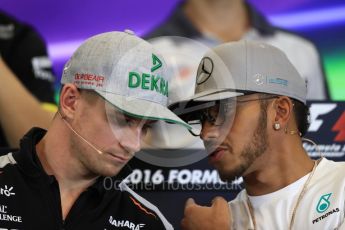 World © Octane Photographic Ltd. F1 USA Grand Prix, Austin Texas – Circuit of the Americas (COTA) Drivers’ Press Conference. Thursday 20th October 2016. Mercedes AMG Petronas – Lewis Hamilton and Sahara Force India - Nico Hulkenberg. Digital Ref :1739LB1D9053