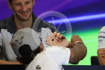 World © Octane Photographic Ltd. F1 USA Grand Prix, Austin Texas – Circuit of the Americas (COTA) Drivers’ Press Conference. Thursday 20th October 2016. Mercedes AMG Petronas – Lewis Hamilton and Haas F1 Team – Romain Grosjean. Digital Ref :1739LB1D9091