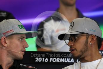 World © Octane Photographic Ltd. F1 USA Grand Prix, Austin Texas – Circuit of the Americas (COTA) Drivers’ Press Conference. Thursday 20th October 2016. Mercedes AMG Petronas – Lewis Hamilton and Sahara Force India - Nico Hulkenberg. Digital Ref :1739LB1D9204