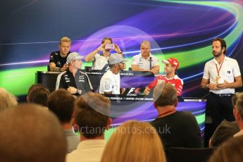 World © Octane Photographic Ltd. F1 USA Grand Prix, Austin Texas – Circuit of the Americas (COTA) Drivers’ Press Conference. Thursday 20th October 2016. Williams Martini Racing – Valtteri Bottas, Haas F1 Team – Romain Grosjean, Mercedes AMG Petronas – Lewis Hamilton, Sahara Force India - Nico Hulkenberg , Renault Sport F1 Team RS16 - Kevin Magnussen and Scuderia Ferrari – Sebastian Vettel. Digital Ref :1739LB2D4704