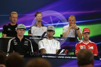 World © Octane Photographic Ltd. F1 USA Grand Prix, Austin Texas – Circuit of the Americas (COTA) Drivers’ Press Conference. Thursday 20th October 2016. Williams Martini Racing – Valtteri Bottas, Haas F1 Team – Romain Grosjean, Mercedes AMG Petronas – Lewis Hamilton, Sahara Force India - Nico Hulkenberg , Renault Sport F1 Team RS16 - Kevin Magnussen and Scuderia Ferrari – Sebastian Vettel. Digital Ref :1739LB2D4712