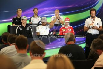 World © Octane Photographic Ltd. F1 USA Grand Prix, Austin Texas – Circuit of the Americas (COTA) Drivers’ Press Conference. Thursday 20th October 2016. Williams Martini Racing – Valtteri Bottas, Haas F1 Team – Romain Grosjean, Mercedes AMG Petronas – Lewis Hamilton, Sahara Force India - Nico Hulkenberg , Renault Sport F1 Team RS16 - Kevin Magnussen and Scuderia Ferrari – Sebastian Vettel. Digital Ref :1739LB2D4720