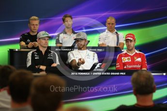 World © Octane Photographic Ltd. F1 USA Grand Prix, Austin Texas – Circuit of the Americas (COTA) Drivers’ Press Conference. Thursday 20th October 2016. Williams Martini Racing – Valtteri Bottas, Haas F1 Team – Romain Grosjean, Mercedes AMG Petronas – Lewis Hamilton, Sahara Force India - Nico Hulkenberg , Renault Sport F1 Team RS16 - Kevin Magnussen and Scuderia Ferrari – Sebastian Vettel. Digital Ref :1739LB2D4726