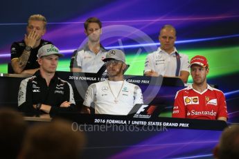 World © Octane Photographic Ltd. F1 USA Grand Prix, Austin Texas – Circuit of the Americas (COTA) Drivers’ Press Conference. Thursday 20th October 2016. Williams Martini Racing – Valtteri Bottas, Haas F1 Team – Romain Grosjean, Mercedes AMG Petronas – Lewis Hamilton, Sahara Force India - Nico Hulkenberg , Renault Sport F1 Team RS16 - Kevin Magnussen and Scuderia Ferrari – Sebastian Vettel. Digital Ref :1739LB2D4731