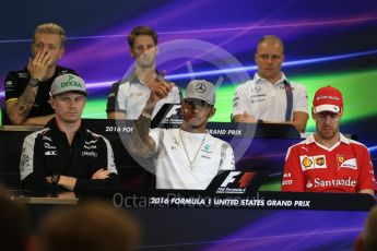 World © Octane Photographic Ltd. F1 USA Grand Prix, Austin Texas – Circuit of the Americas (COTA) Drivers’ Press Conference. Thursday 20th October 2016. Williams Martini Racing – Valtteri Bottas, Haas F1 Team – Romain Grosjean, Mercedes AMG Petronas – Lewis Hamilton, Sahara Force India - Nico Hulkenberg , Renault Sport F1 Team RS16 - Kevin Magnussen and Scuderia Ferrari – Sebastian Vettel. Digital Ref :1739LB2D4733