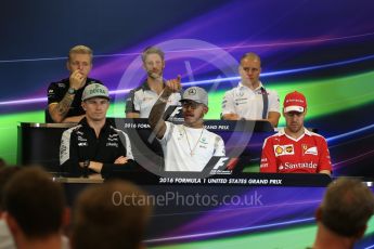 World © Octane Photographic Ltd. F1 USA Grand Prix, Austin Texas – Circuit of the Americas (COTA) Drivers’ Press Conference. Thursday 20th October 2016. Williams Martini Racing – Valtteri Bottas, Haas F1 Team – Romain Grosjean, Mercedes AMG Petronas – Lewis Hamilton, Sahara Force India - Nico Hulkenberg , Renault Sport F1 Team RS16 - Kevin Magnussen and Scuderia Ferrari – Sebastian Vettel. Digital Ref :1739LB2D4738