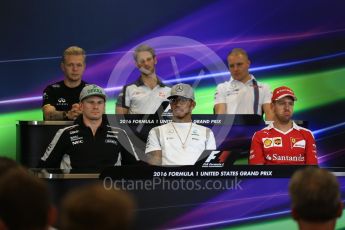 World © Octane Photographic Ltd. F1 USA Grand Prix, Austin Texas – Circuit of the Americas (COTA) Drivers’ Press Conference. Thursday 20th October 2016. Williams Martini Racing – Valtteri Bottas, Haas F1 Team – Romain Grosjean, Mercedes AMG Petronas – Lewis Hamilton, Sahara Force India - Nico Hulkenberg , Renault Sport F1 Team RS16 - Kevin Magnussen and Scuderia Ferrari – Sebastian Vettel. Digital Ref :1739LB2D4759