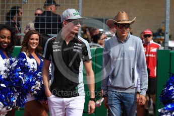 World © Octane Photographic Ltd. Sahara Force India VJM09 - Nico Hulkenberg and Manor Racing MRT05 – Esteban Ocon. Sunday 23rd October 2016, F1 USA Grand Prix Drivers’ Parade, Austin, Texas – Circuit of the Americas (COTA). Digital Ref :1748LB1D3199