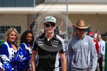 World © Octane Photographic Ltd. Sahara Force India VJM09 - Nico Hulkenberg and Manor Racing MRT05 – Esteban Ocon. Sunday 23rd October 2016, F1 USA Grand Prix Drivers’ Parade, Austin, Texas – Circuit of the Americas (COTA). Digital Ref :1748LB1D3204