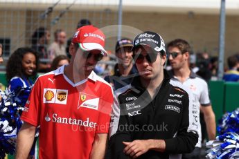 World © Octane Photographic Ltd. Scuderia Ferrari SF16-H – Sebastian Vettel and Sahara Force India VJM09 - Sergio Perez. Sunday 23rd October 2016, F1 USA Grand Prix Drivers’ Parade, Austin, Texas – Circuit of the Americas (COTA). Digital Ref :1748LB1D3278
