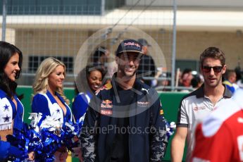 World © Octane Photographic Ltd. Red Bull Racing RB12 – Daniel Ricciardo and Haas F1 Team VF-16 – Romain Grosjean. Sunday 23rd October 2016, F1 USA Grand Prix Drivers’ Parade, Austin, Texas – Circuit of the Americas (COTA). Digital Ref :1748LB1D3284