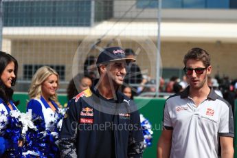 World © Octane Photographic Ltd. Red Bull Racing RB12 – Daniel Ricciardo and Haas F1 Team VF-16 – Romain Grosjean. Sunday 23rd October 2016, F1 USA Grand Prix Drivers’ Parade, Austin, Texas – Circuit of the Americas (COTA). Digital Ref :1748LB1D3288