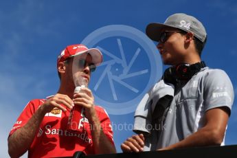 World © Octane Photographic Ltd. Scuderia Ferrari SF16-H – Sebastian Vettel and Manor Racing MRT05 - Pascal Wehrlein. Sunday 23rd October 2016, F1 USA Grand Prix Drivers’ Parade, Austin, Texas – Circuit of the Americas (COTA). Digital Ref :1748LB1D3392