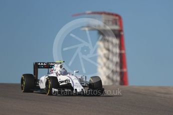 World © Octane Photographic Ltd. Williams Martini Racing, Williams Mercedes FW38 – Valtteri Bottas. Friday 21st October 2016, F1 USA Grand Prix Practice 1, Austin, Texas – Circuit of the Americas (COTA). Digital Ref :1742LB1D0210