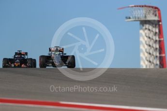 World © Octane Photographic Ltd. Sahara Force India VJM09 - Nico Hulkenberg and Scuderia Toro Rosso STR11 with Halo – Daniil Kvyat. Friday 21st October 2016, F1 USA Grand Prix Practice 1, Austin, Texas – Circuit of the Americas (COTA). Digital Ref :1742LB1D9638