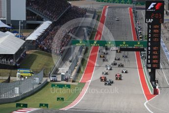 World © Octane Photographic Ltd. Mercedes AMG Petronas W07 Hybrid – Lewis Hamilton leads the race start. Sunday 23rd October 2016, F1 USA Grand Prix Race, Austin, Texas – Circuit of the Americas (COTA). Digital Ref :1749LB1D3566