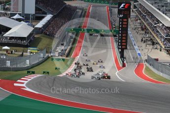 World © Octane Photographic Ltd. Mercedes AMG Petronas W07 Hybrid – Lewis Hamilton leads into turn 1. Sunday 23rd October 2016, F1 USA Grand Prix Race, Austin, Texas – Circuit of the Americas (COTA). Digital Ref :1749LB1D3585