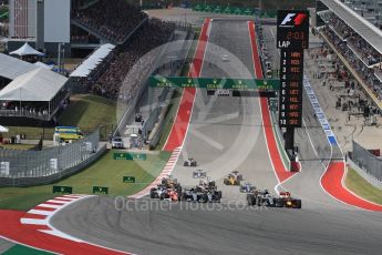 World © Octane Photographic Ltd. Mercedes AMG Petronas W07 Hybrid – Lewis Hamilton leads into turn 1. Sunday 23rd October 2016, F1 USA Grand Prix Race, Austin, Texas – Circuit of the Americas (COTA). Digital Ref :1749LB1D3594