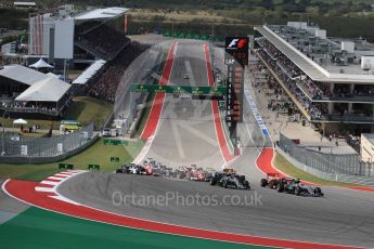 World © Octane Photographic Ltd. Mercedes AMG Petronas W07 Hybrid – Lewis Hamilton leads into turn 1. Sunday 23rd October 2016, F1 USA Grand Prix Race, Austin, Texas – Circuit of the Americas (COTA). Digital Ref :1749LB1D3599